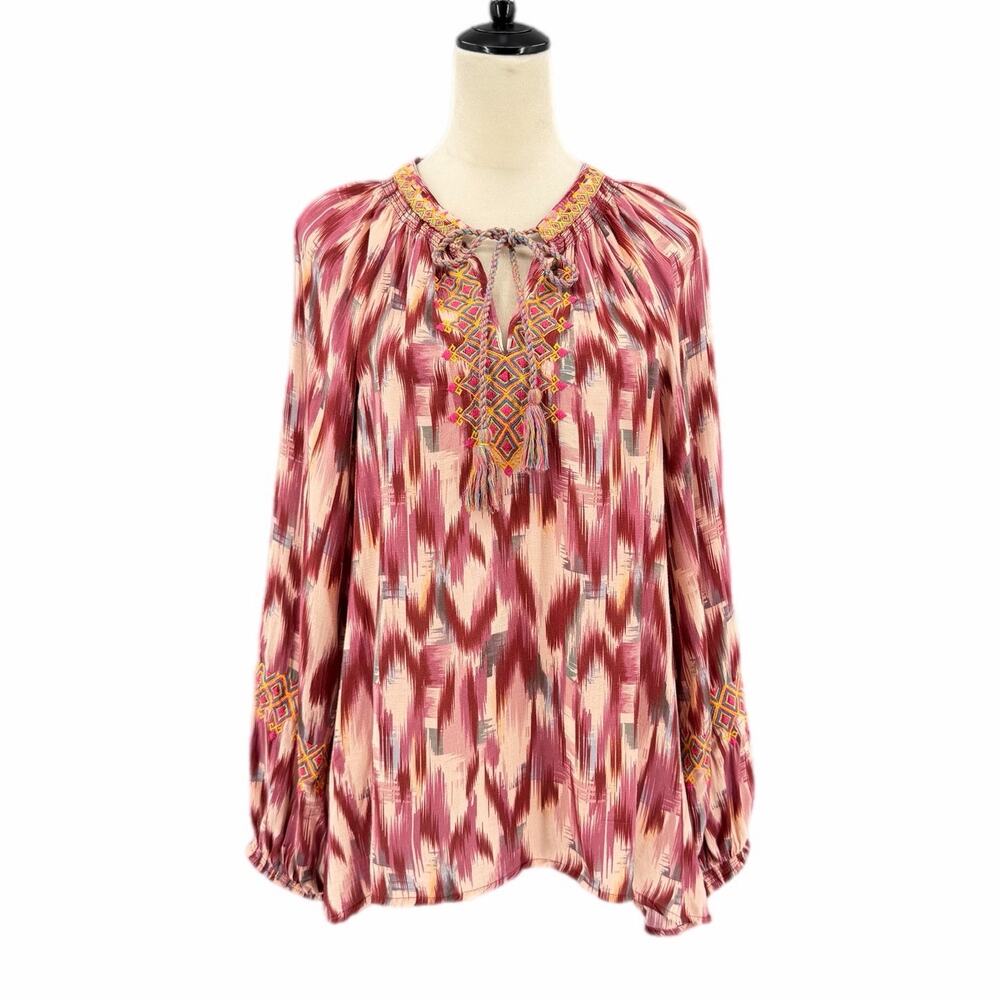 Sundance Cream Purple Streak Print Boho Embroidered Peasant Cottagecore Blouse
